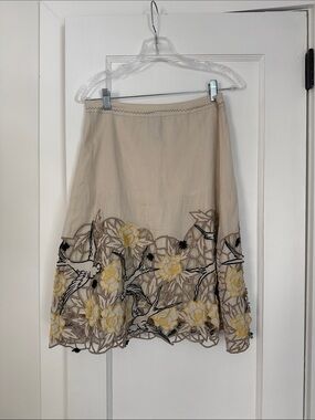 Anthropologie Lithe Embroidered Beige Floral & Bird Skirt